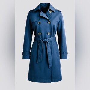 B. Moss Navy Blue Trench Coat – Classic Double-Breasted Belted Jacket –Small